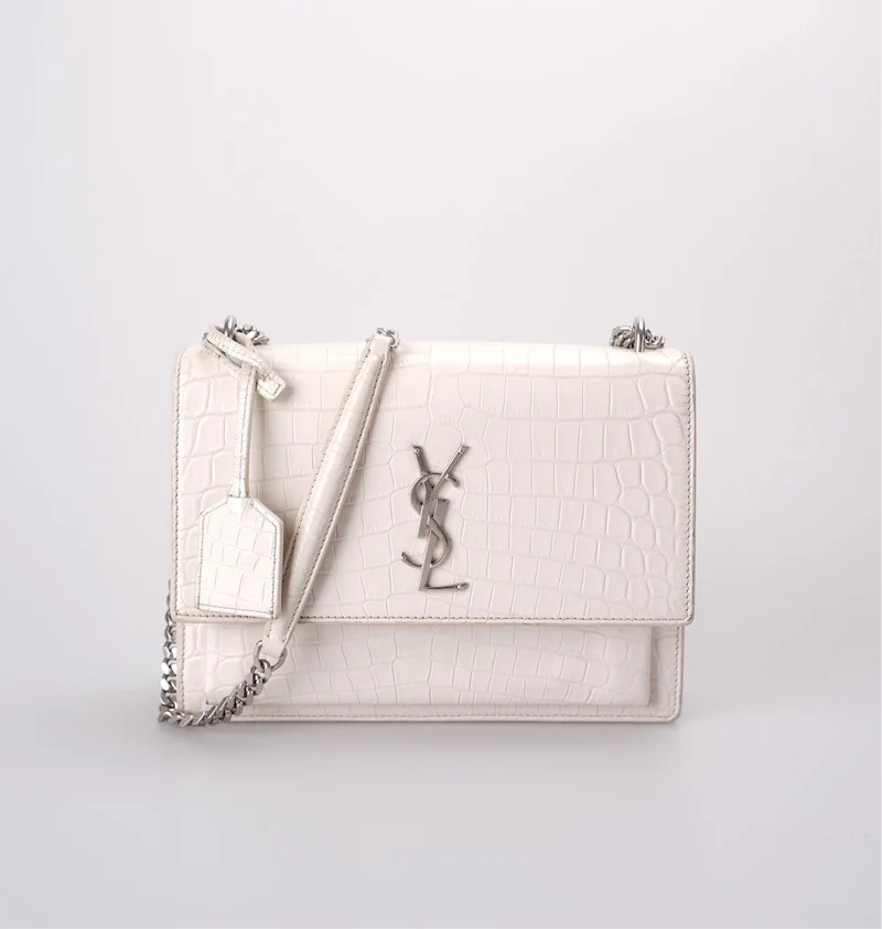 Saint Laurent YSL Sunset – Mittlere Ledertasche mit Krokodilprägung in Elfenbein