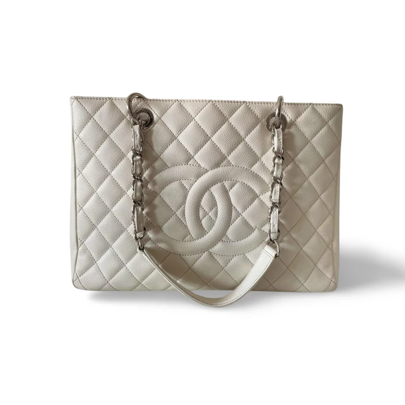 Chanel Medium White Grand Shopping Tote Bag aus Kaviarleder mit silberner Hardware