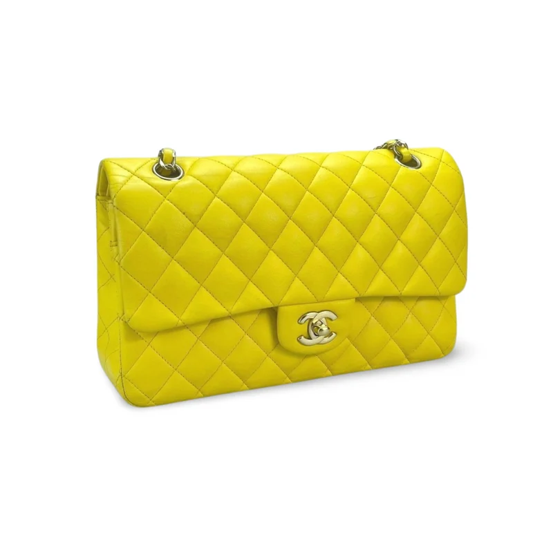 Chanel Gelbe klassische Double Flap Bag Medium aus Lammleder mit silberner Hardware