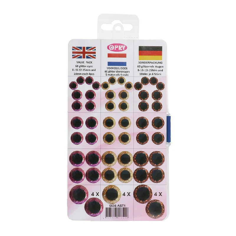Opry Glitter-Tieraugen, zweifarbig, 8–18 mm, Braun/Lila/Gold. 60 Stück