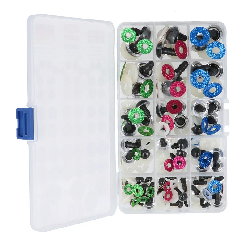 Opry Glitter-Tieraugen, zweifarbig, 8–18 mm, Grün / Rosa / Blau. 60 Stück